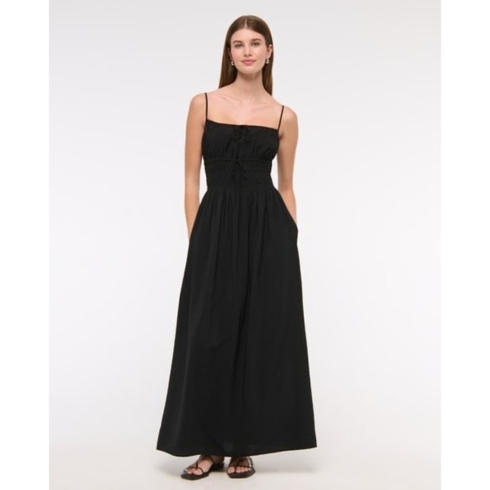 Abercrombie & Fitch Maxi Dress Women Size M Black Smocked Tie-Front 159D3190